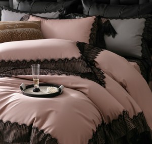 French high-end black embroidery lace new 100-count long-staple cotton pink bedding set