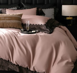 French high-end black embroidery lace new 100-count long-staple cotton pink bedding set