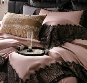 French high-end black embroidery lace new 100-count long-staple cotton pink bedding set