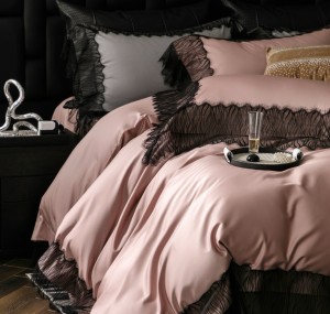 French high-end black embroidery lace new 100-count long-staple cotton pink bedding set