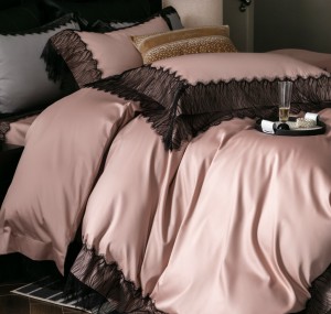 French high-end black embroidery lace new 100-count long-staple cotton pink bedding set