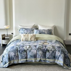 Luxury home textile blue Tencel cotton brushed flat sheet digital printing bed cover 4pcs bedding set