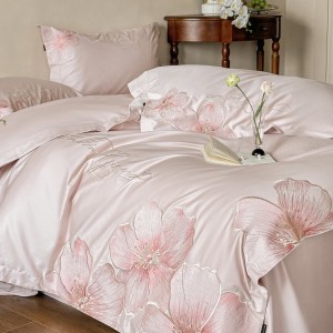 Luxury 4 pcs embroidery home textiles pink bed sheet long staple cotton bedding set