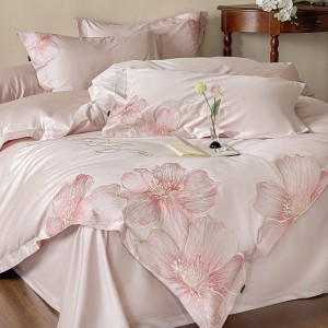 Luxury 4 pcs embroidery home textiles pink bed sheet long staple cotton bedding set