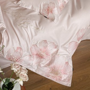 Luxury 4 pcs embroidery home textiles pink bed sheet long staple cotton bedding set