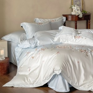 High class custom blue bed sheet embroidery bed flat sheet 4 pcs bedding set