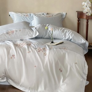 High class custom blue bed sheet embroidery bed flat sheet 4 pcs bedding set