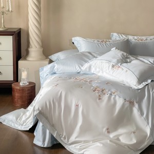 High class custom blue bed sheet embroidery bed flat sheet 4 pcs bedding set