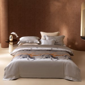 Premium silver 100% mulberry silk yarn-dyed jacquard comforter cover bed sheets four-pieces bedding set