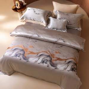 Premium silver 100% mulberry silk yarn-dyed jacquard comforter cover bed sheets four-pieces bedding set