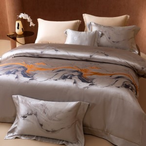 Premium silver 100% mulberry silk yarn-dyed jacquard comforter cover bed sheets four-pieces bedding set