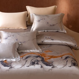 Premium silver 100% mulberry silk yarn-dyed jacquard comforter cover bed sheets four-pieces bedding set