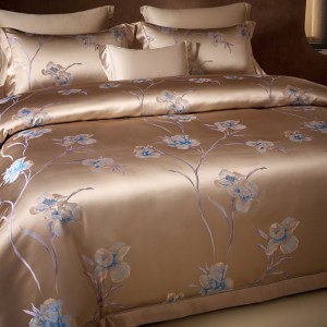 100% Mulberry Silk champagne gold yarn dyed jacquard bedding set luxury home textile