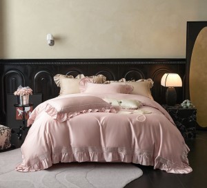 Luxury solid color 4pcs duvet cover pink lace home textiles 500TC lyocell cotton bedding set