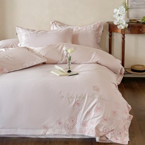 Luxury long-staple cotton exquisite embroidery breathable pink four-piece bedding set