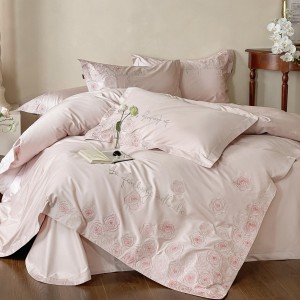 Luxury long-staple cotton exquisite embroidery breathable pink four-piece bedding set