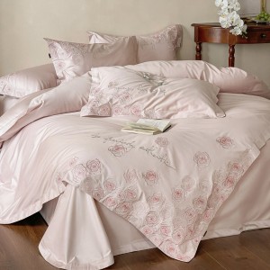 Luxury long-staple cotton exquisite embroidery breathable pink four-piece bedding set