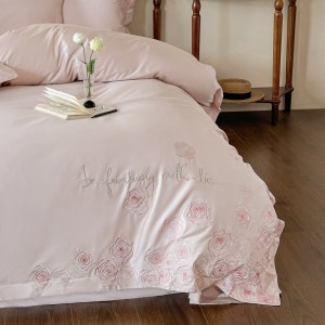 Luxury long-staple cotton exquisite embroidery breathable pink four-piece bedding set