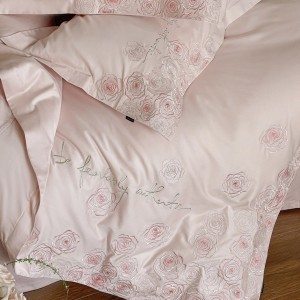 Luxury long-staple cotton exquisite embroidery breathable pink four-piece bedding set