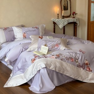 Premium purple embroidery 4 pcs duvet cover 100s pure cotton bedding set supplier