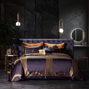 Printed Mulberry Silk 4 Pieces Sheet Set Purple Quilt Cover Jacquard Pillow Cases Bedding Set