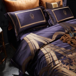 Printed Mulberry Silk 4 Pieces Sheet Set Purple Quilt Cover Jacquard Pillow Cases Bedding Set