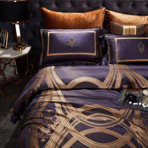 Printed Mulberry Silk 4 Pieces Sheet Set Purple Quilt Cover Jacquard Pillow Cases Bedding Set