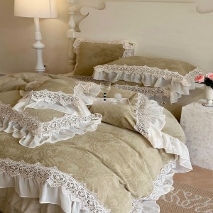 Winter Warm Velvet Home Textile Green Lace Comforter Cover 2 Fluffy Pillowcases Bedding Set