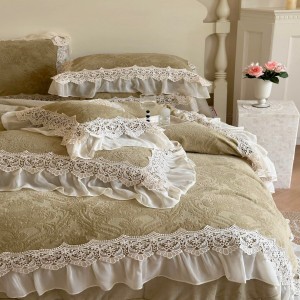 Winter Warm Velvet Home Textile Green Lace Comforter Cover 2 Fluffy Pillowcases Bedding Set