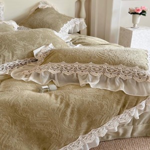 Winter Warm Velvet Home Textile Green Lace Comforter Cover 2 Fluffy Pillowcases Bedding Set