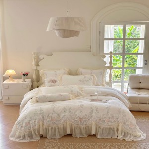 Warm White Embroidery Comforter Cover Lace Pillowcases Princess Style Milk Fleece Home Textile Bedding Set