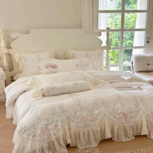 Warm White Embroidery Comforter Cover Lace Pillowcases Princess Style Milk Fleece Home Textile Bedding Set