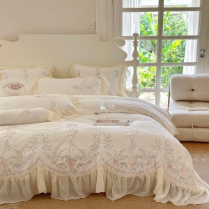 Warm White Embroidery Comforter Cover Lace Pillowcases Princess Style Milk Fleece Home Textile Bedding Set