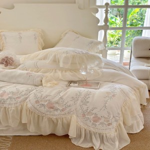 Warm White Embroidery Comforter Cover Lace Pillowcases Princess Style Milk Fleece Home Textile Bedding Set