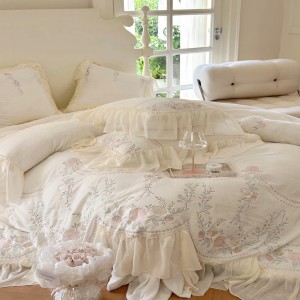 Warm White Embroidery Comforter Cover Lace Pillowcases Princess Style Milk Fleece Home Textile Bedding Set