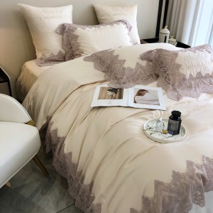 500TC Cotton Comforter Cover Pink 4 Pieces Home Textile Lace Pillow Sham Queen Size Bedding Set