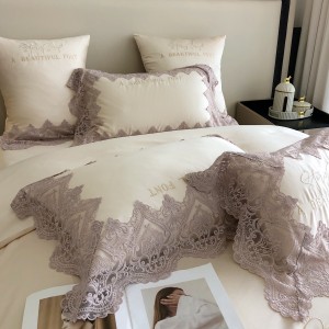 500TC Cotton Comforter Cover Pink 4 Pieces Home Textile Lace Pillow Sham Queen Size Bedding Set