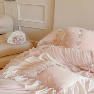 Pink Baby Fleece Home Textile Lace Comforter Duvet Cover Warm Bedsheets Bedding Set