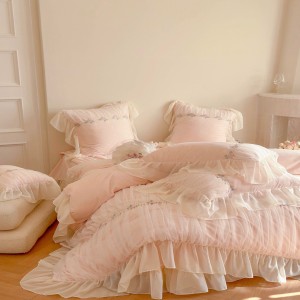 Pink Baby Fleece Home Textile Lace Comforter Duvet Cover Warm Bedsheets Bedding Set