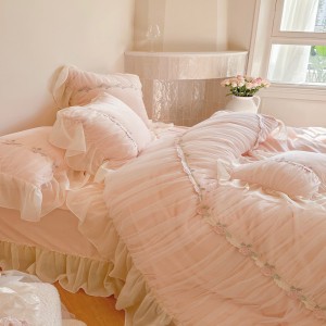 Pink Baby Fleece Home Textile Lace Comforter Duvet Cover Warm Bedsheets Bedding Set