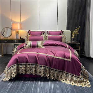 High End Silk Cotton 4 Pieces Purple Bed Linen Lace Comforter Cover Embroidery Pillowcases Bedding Set