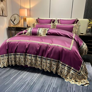 High End Silk Cotton 4 Pieces Purple Bed Linen Lace Comforter Cover Embroidery Pillowcases Bedding Set