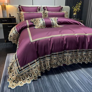 High End Silk Cotton 4 Pieces Purple Bed Linen Lace Comforter Cover Embroidery Pillowcases Bedding Set