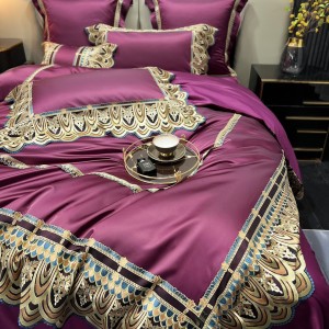 High End Silk Cotton 4 Pieces Purple Bed Linen Lace Comforter Cover Embroidery Pillowcases Bedding Set