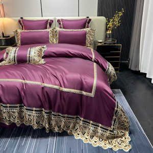 High End Silk Cotton 4 Pieces Purple Bed Linen Lace Comforter Cover Embroidery Pillowcases Bedding Set