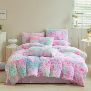 Pink Green Pillow Slip Mink Velvet Duvet Cover Plush Flat Sheet  Bedding Set