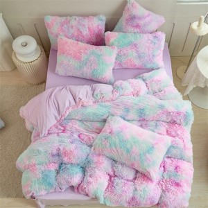 Pink Green Pillow Slip Mink Velvet Duvet Cover Plush Flat Sheet  Bedding Set