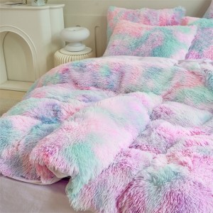 Pink Green Pillow Slip Mink Velvet Duvet Cover Plush Flat Sheet  Bedding Set