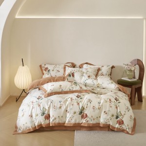 White and brown floral digital print rounded corner bed sheet  light luxury cotton bedding set