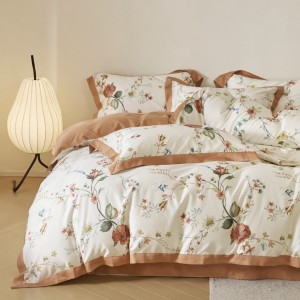 White and brown floral digital print rounded corner bed sheet  light luxury cotton bedding set